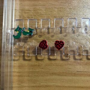 Green Initial and Red Heart Earrings